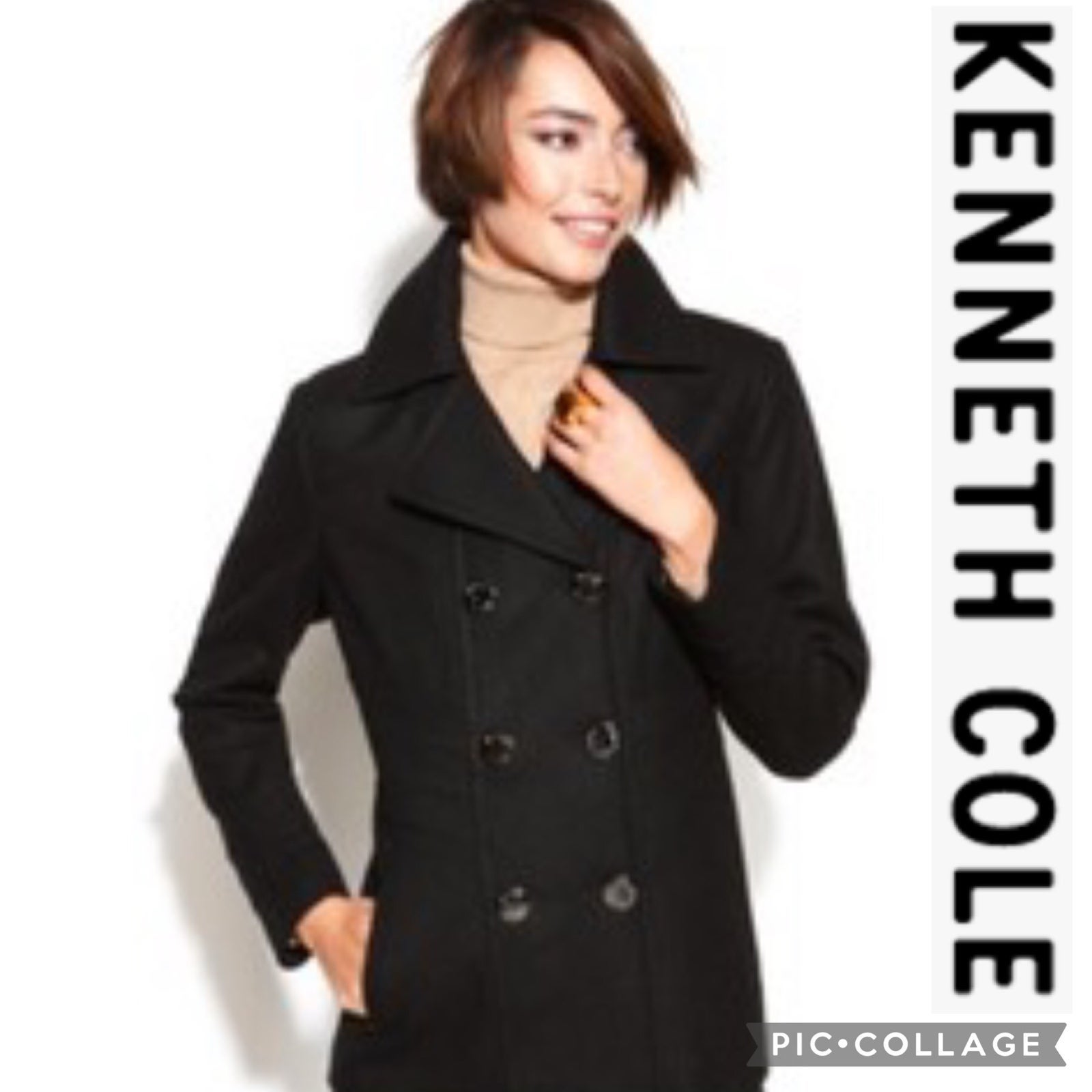 Kenneth Cole Double Breasted Black Preppy Pea Coat Size 12